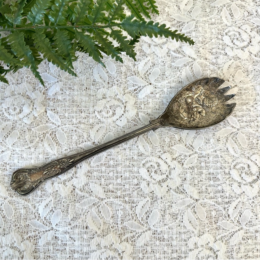Vintage Silver Plated England Embossed Fruit Serving Spoon 9.75”
